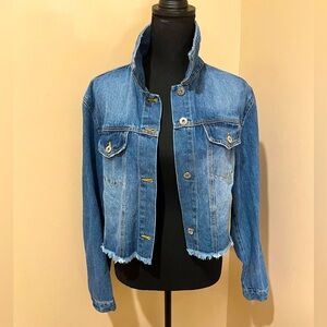 Live Tree Denim Cropped Jean Jacket with Frayed Hem, Size Medium